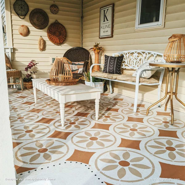 Large stencil on stenciled porch-Dazey Tile stencil from Royal Design Studio