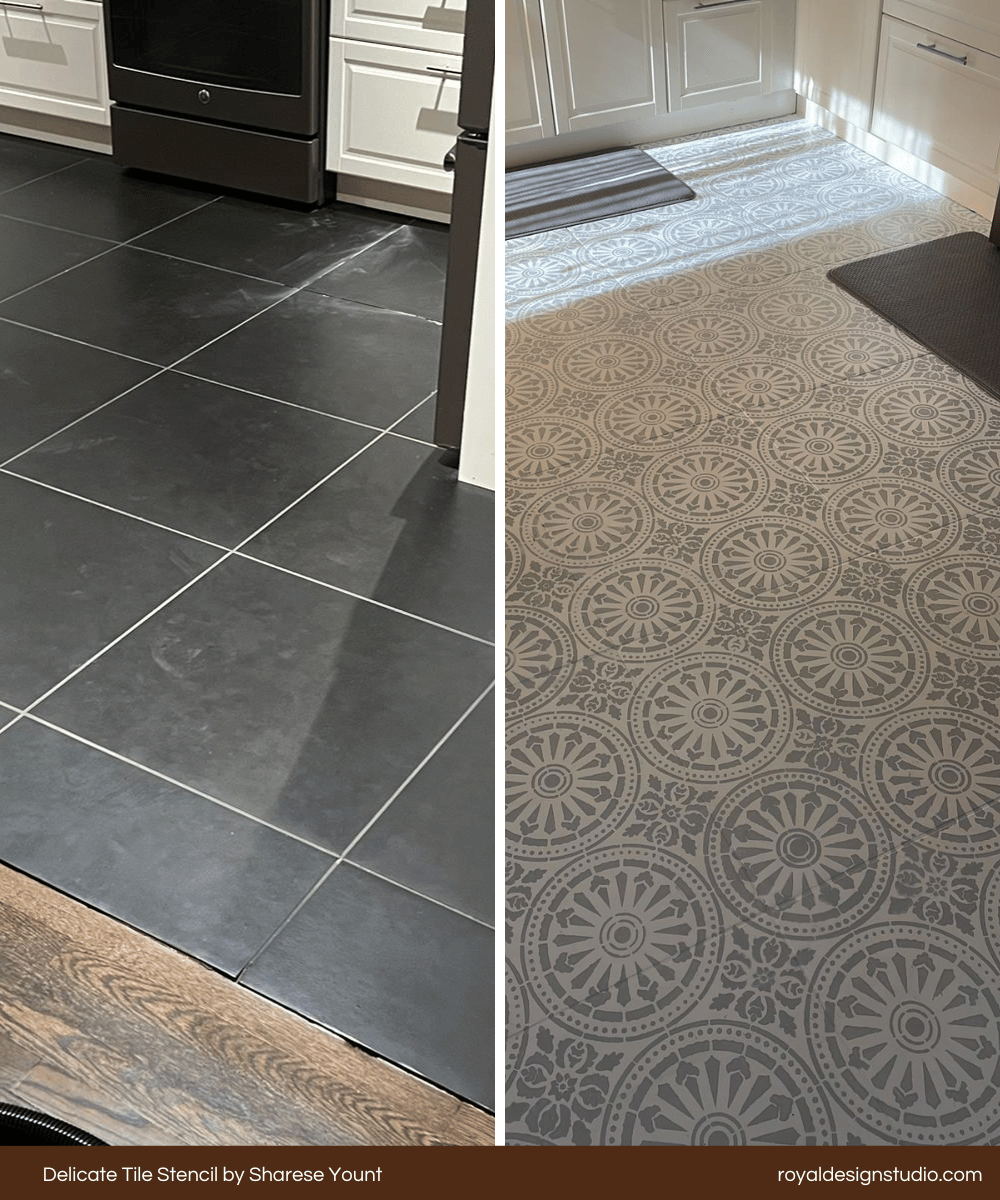 Stenciling on kitchen floor with tile stencil and paint