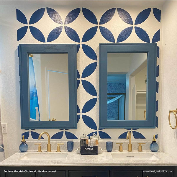 Large Wall stenciling in bathroom with Endless Moorish Circles Tile Stencil