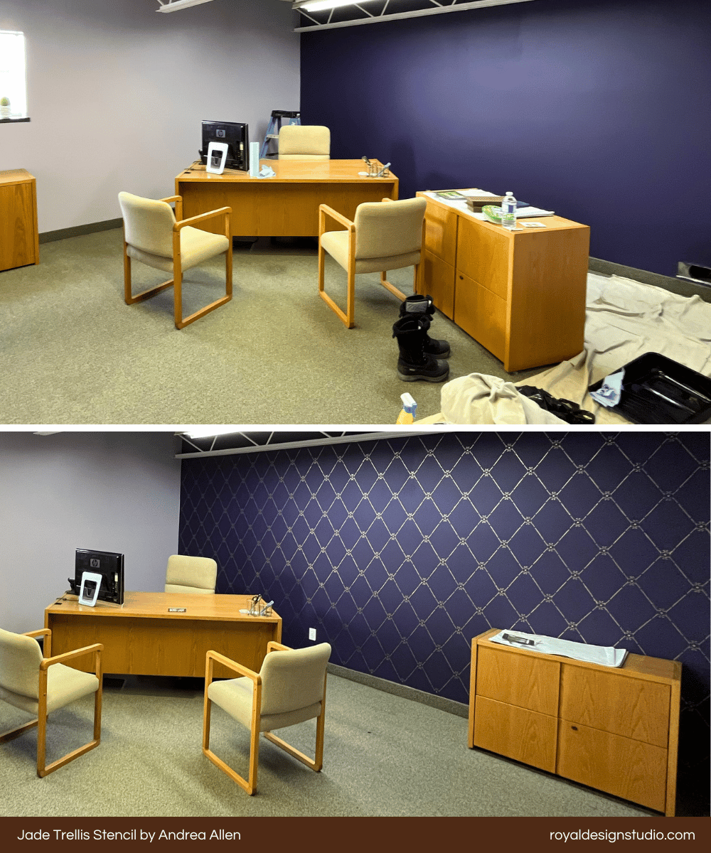 Trellis wall stencil on office wall treatment