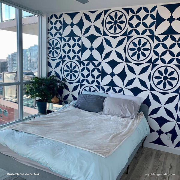 Large wall mural stencil project stenciled with Moxie Tile Stencil Set from Royal Design Studio