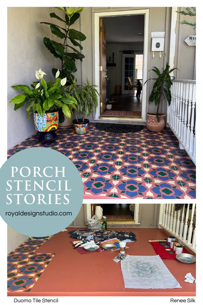 Tile stencils on painted and stenciled concrete porch