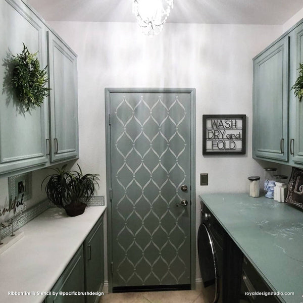 Ribbon Trellis wall stencil on door from Royal Design Studio stencils