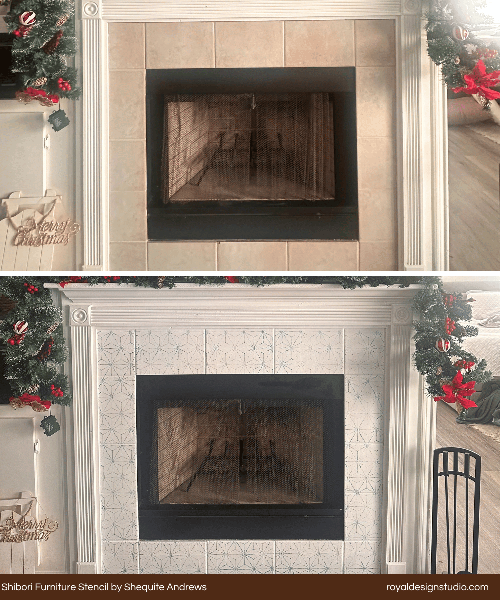 Stenciling on fireplace tile