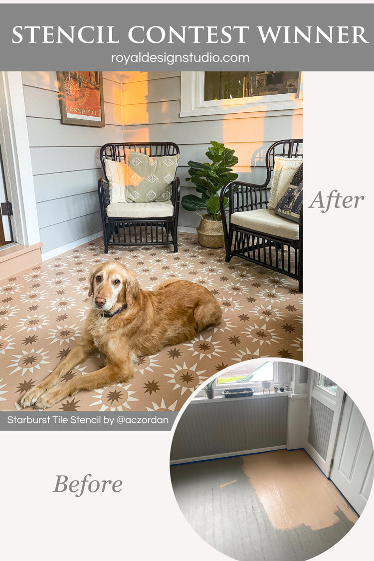 Stenciled concrete porch with tile stencils