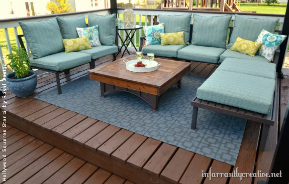 How to Stencil an Outdoor Patio Rug | Project by Infarrantly Creative using the Hollywood Squares Stencil by Royal Design Studio