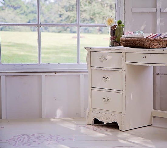 Painted and Stenciled Wood Floor. Stencil is the Large Ribbon Damask by Royal Design Studio.