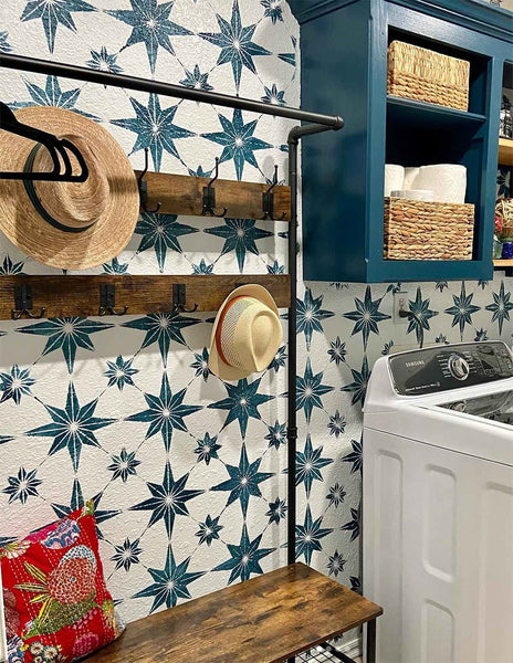 Star tile wall stencil on a laundry room wall stenciling project