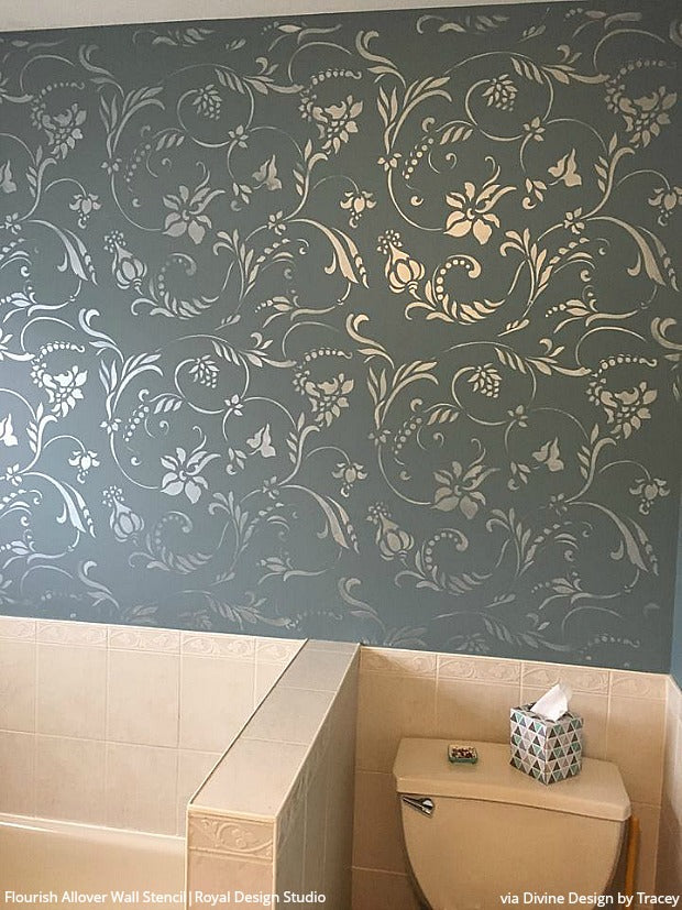 Bathroom Stencils: The Wonder Wall that Lasts Longer Than Wallpaper - Large Wall Stencils for Decorating DIY Bathroom Walls from Royal Design Studio