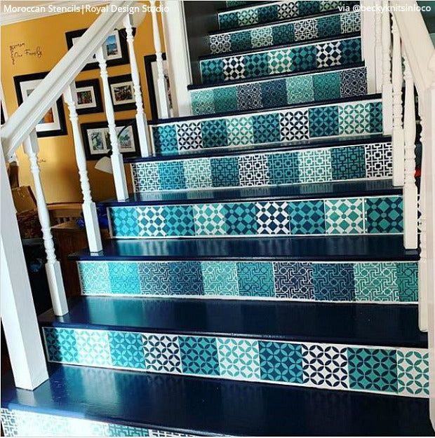 Paint, Peel, & Stick Your Stairs with Stencil Designs - Paint Stencils for DIY Decor Projects - Royal Design Studio Stencils royaldesignstudio.com