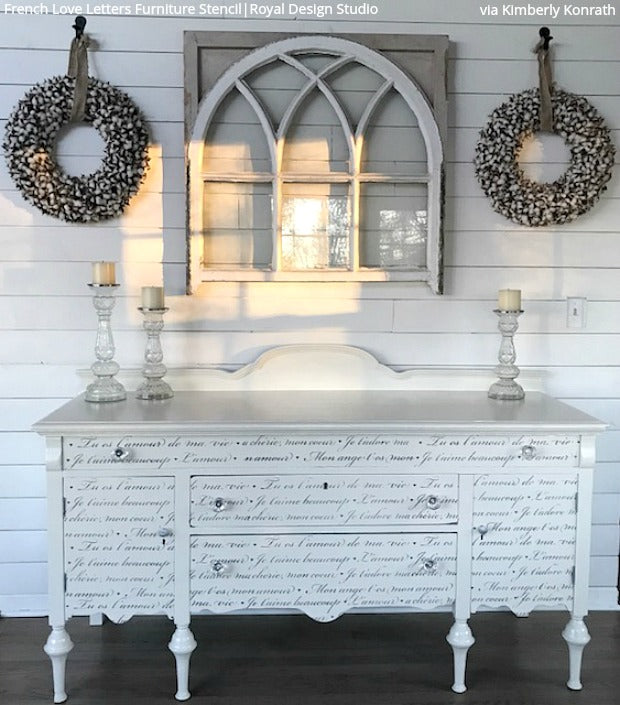 Shabby Chic Farmhouse Style Furniture - DIY Ideas using Royal Design Studio Furniture Painting Stencils - Rustic and Reclaimed Home Decor Hacks