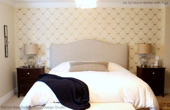 Beautiful Stenciled Bedroom Wall with the French Bee Trellis Stencil ...