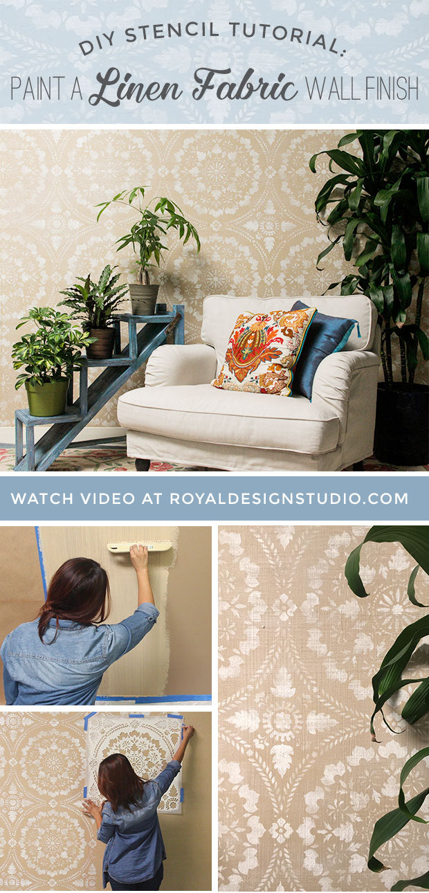 DIY Stencil Tutorial with VIDEO: How to Paint a Linen Fabric Textured Wall Finish using Joint Compound and Wall Stencils