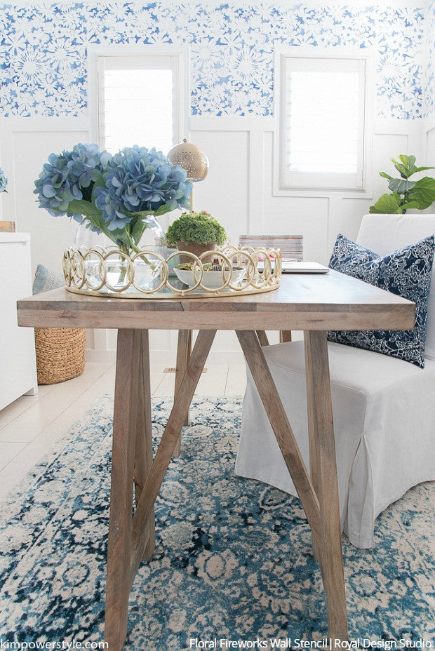 Blue and White Modern Farmhouse Style Home Office Makeover with Flower Wall Stencils - Royal Design Studio