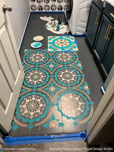 stenciling laundry room floor tiles
