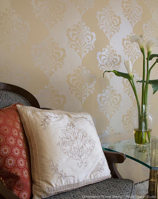 How to Stencil Inverted Designs on a Tone on Tone Striped Wall - Royal Design Studio Wall Stencils Tutorial