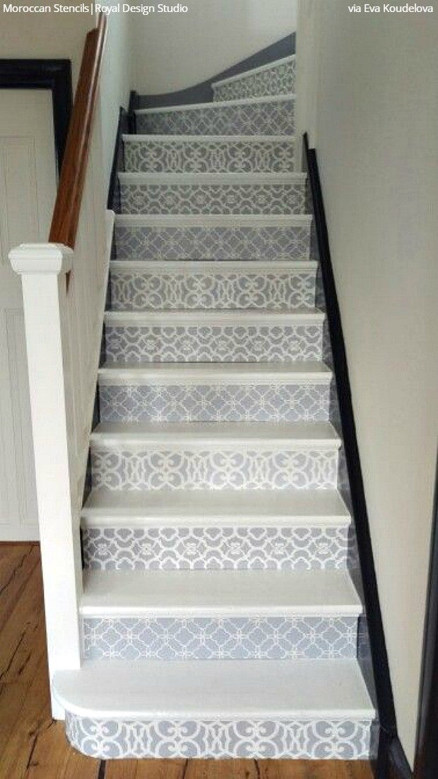 Delightful staircase color ideas 12 Stencil Ideas For Your Stairs Paint Stair Risers With Diy Design Royal Studio Stencils