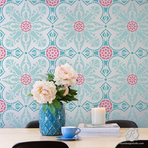 Damask Wall Stencils - Large Wall Stencils for DIY Designer ... - Colorful Wallpaper Look Painted & Stenciled on Walls - Easy Room Makeover  Idea - Marisol Damask