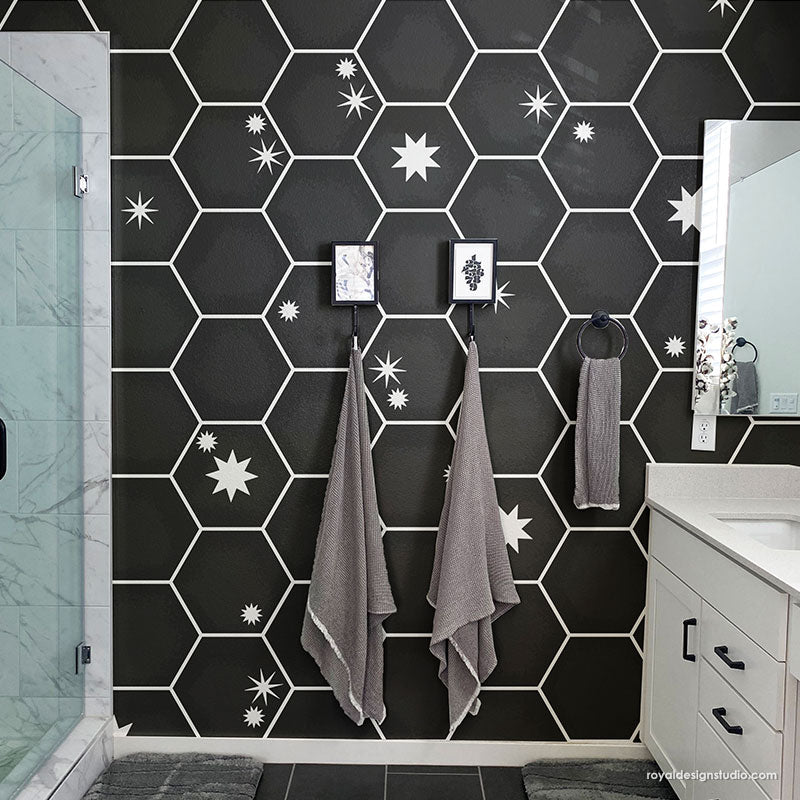 Penny Tile Stencils - Hexagon Shape Tiles Floor Stencils for Bathroom