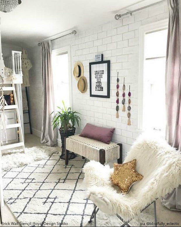 Whitewashed Faux Herringbone Brick Wall Made With Wall Stencil!  Secret  PRO TIP at the end of this Reel that will take any stenciled “exposed  Brick” accent wall to the next level!