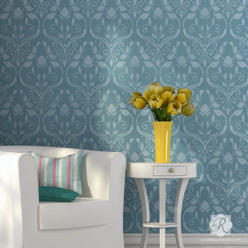 Romantic Flower And Vine Damask Wall Stencil Pattern Bari J