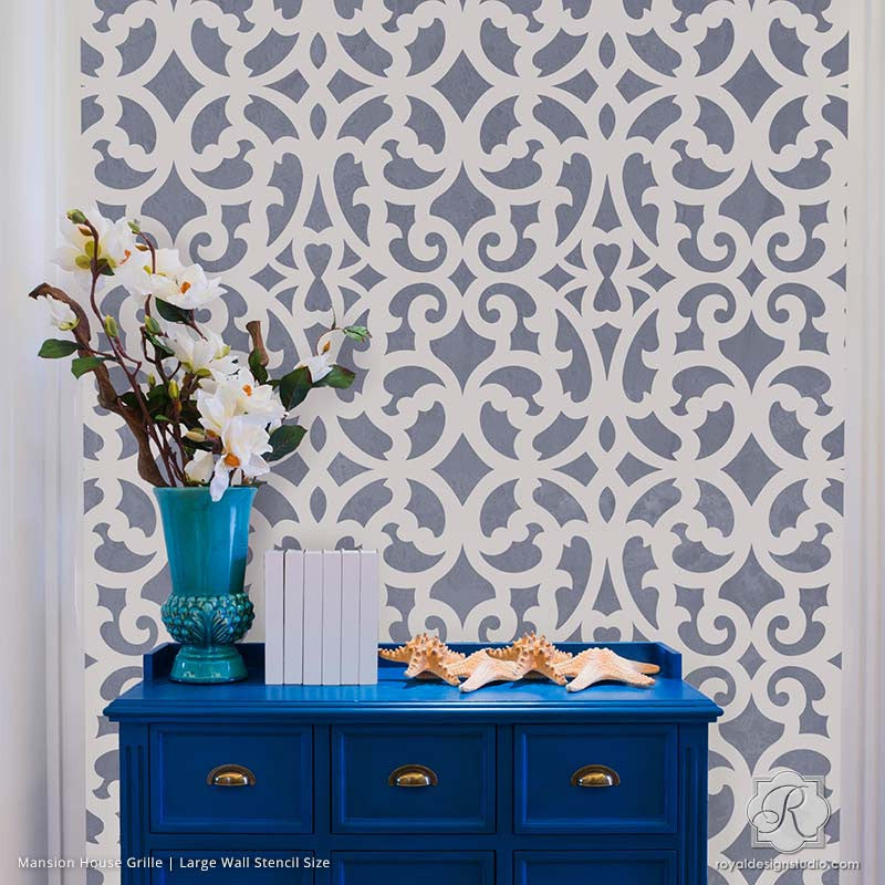 Large Exotic Trellis Wall Stencils for DIY Painting | Royal Design ... - Painting Metal Trellis Patterns on Accent Wall - Mansion House Grille  Trellis Wall Stencils - Royal ...