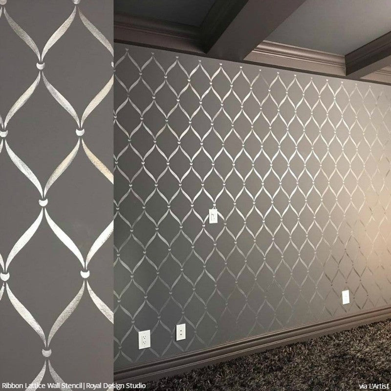 Ribbon_Lattice_metallic_trellis_silver_gray_wallpaper_painting_wall_stencils