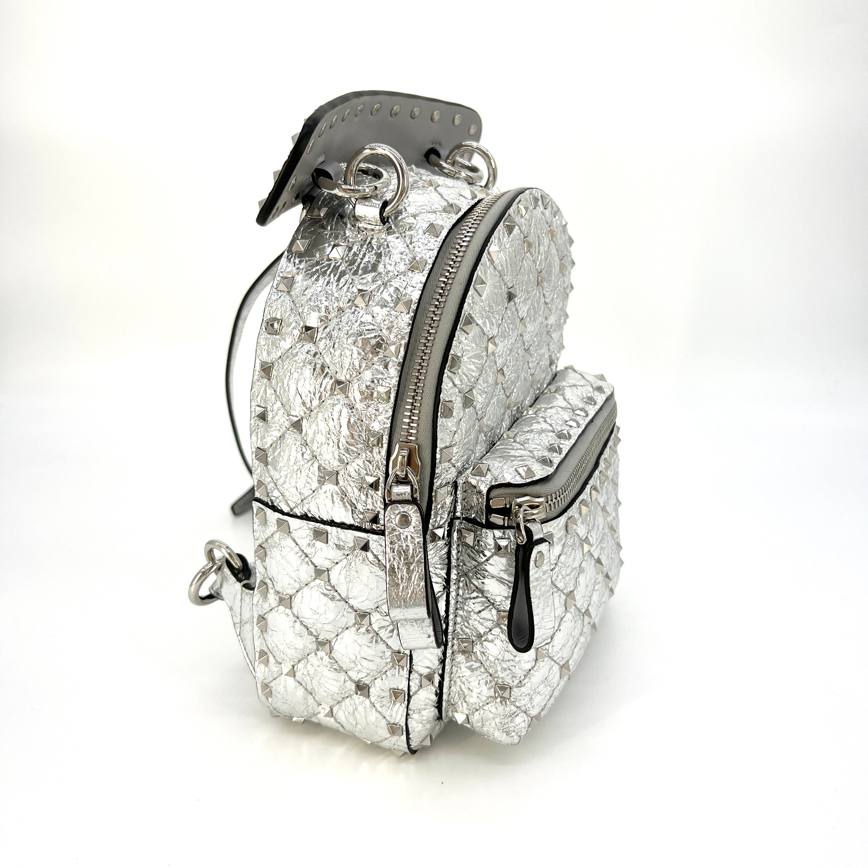 Valentino Metallic Silver Leather Rockstud Spike Mini Backpack