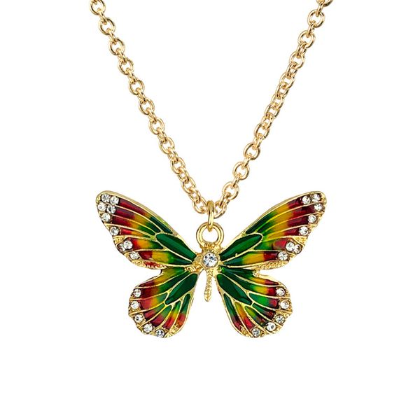 N940 Gold Red Green Yellow Baked Enamel Rhinestone Butterfly Necklace ...