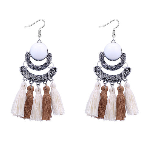 E697 Silver White Gemstone Brown & White Tassel Earrings - Iris Fashion ...