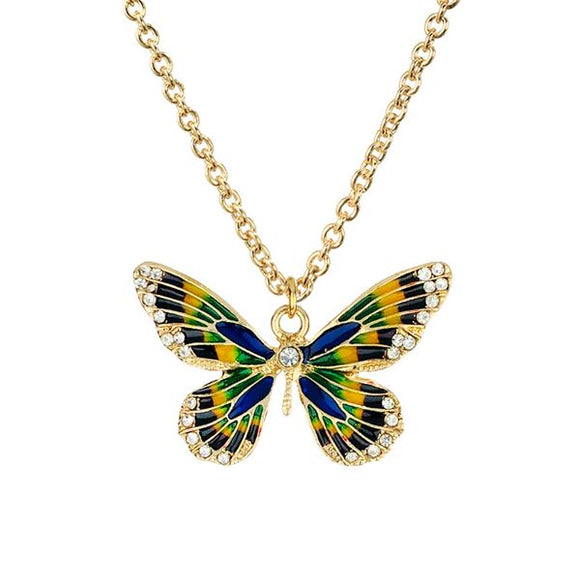 N966 Gold Yellow Green Blue Baked Enamel Rhinestone Butterfly Necklace ...