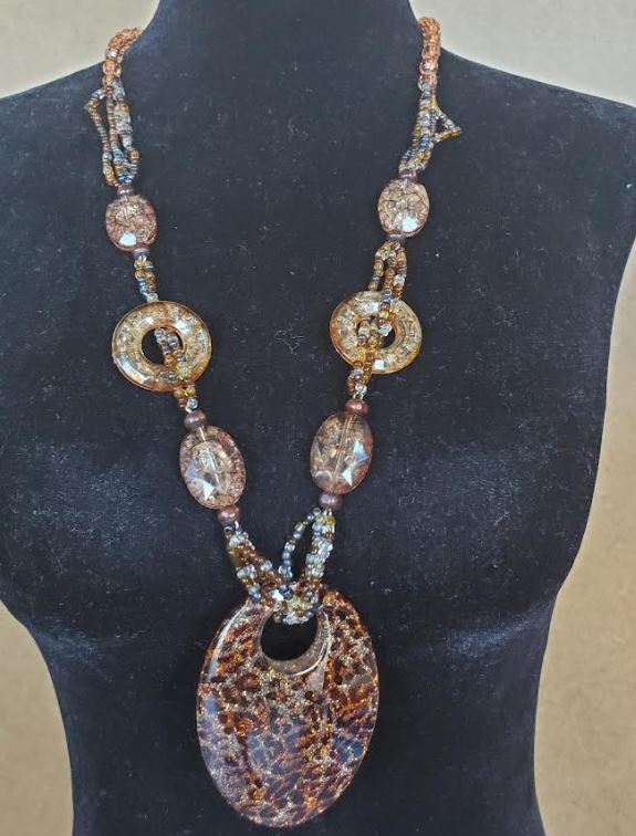 N2113 Brown Bead Glitter Leopard Print Acrylic Long Necklace With Free ...