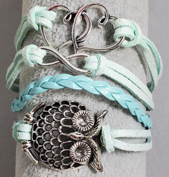 AZ938 Mint Green Owl Heart Infinity Layer Leather Bracelet