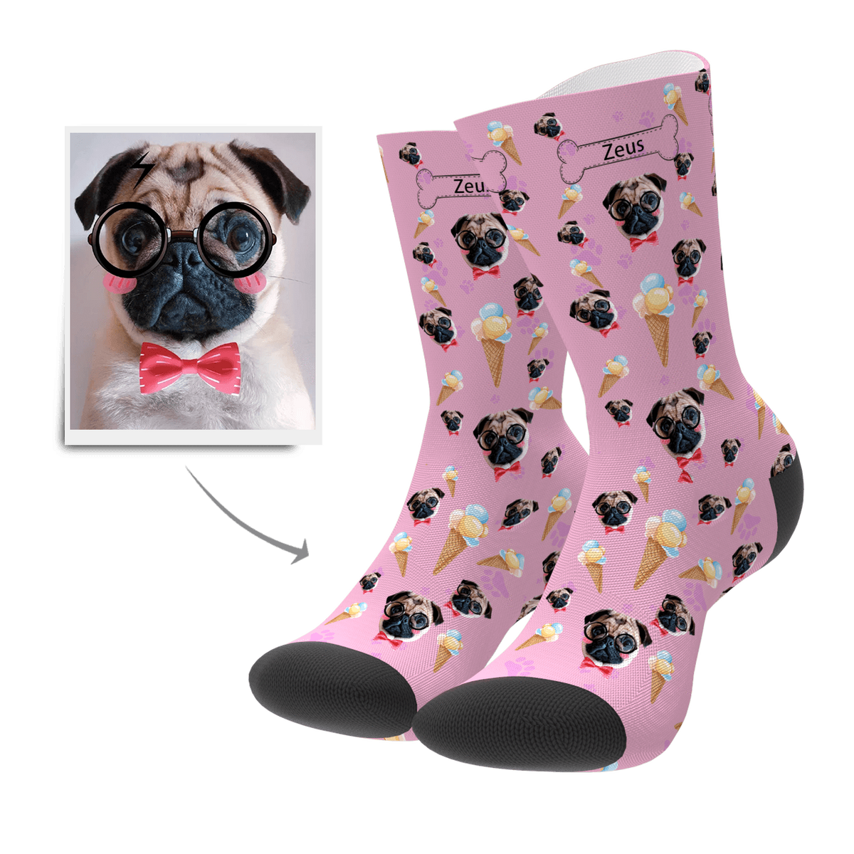 Face Socks with Icecream Custom Pet Dog Socks - FaceSocksUSA