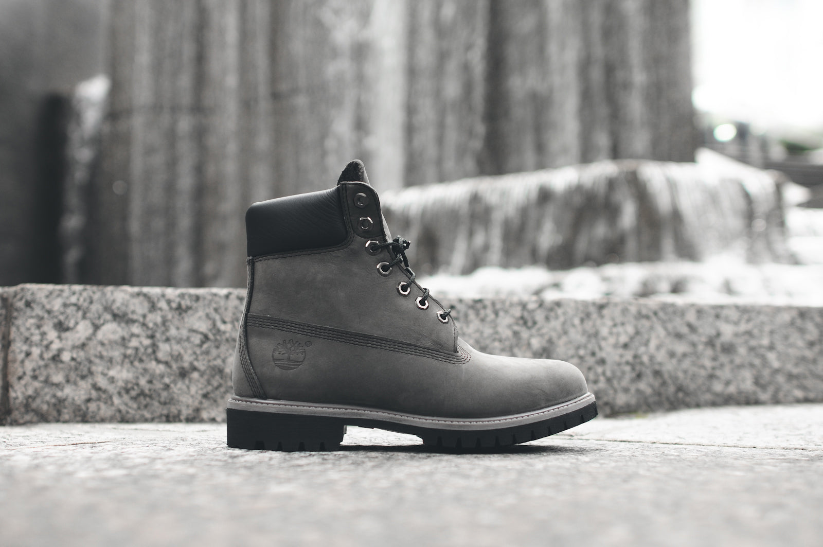 gray and black timberlands