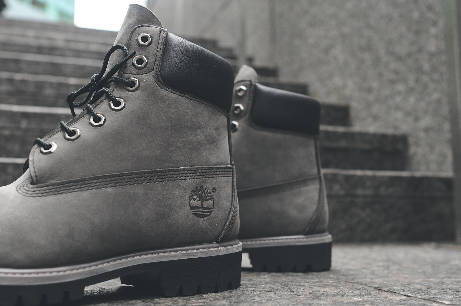 gray and black timberlands