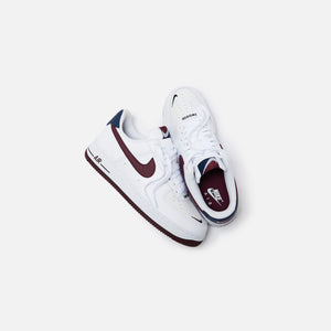 burgundy and white air force ones