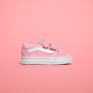 pink and white suede vans