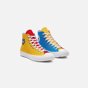 yellow red and blue converse