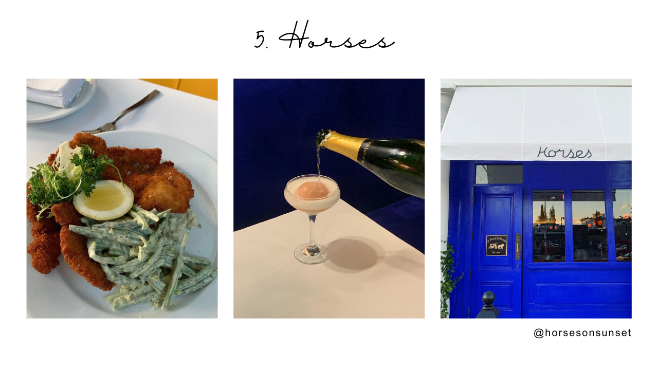 Horses  - Images of glass with champagne being poured into, front blue doors or restaurant and food dish