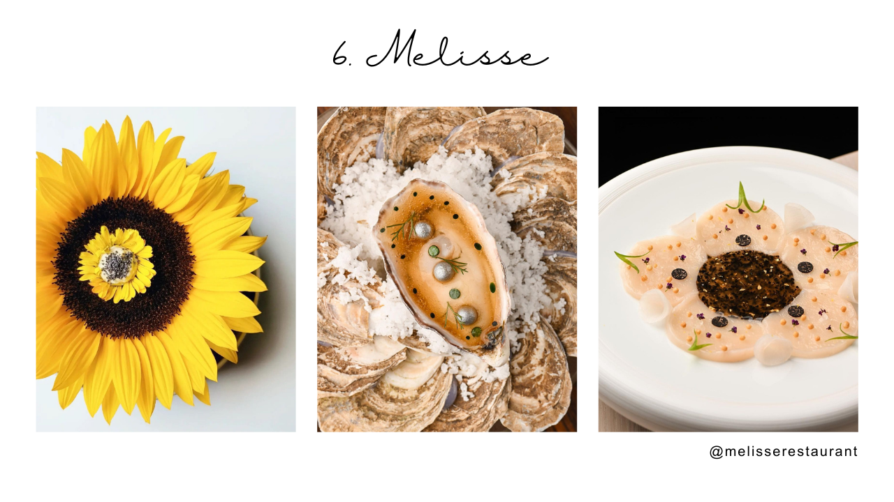 Melisse - Images of food in sunflower, oyster and dish that looks like a flower