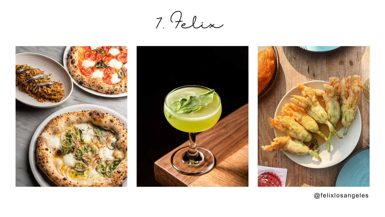 Felix Restaurant - Images of pizza, green drink in cokctail glass and stuffed zucchini flowers