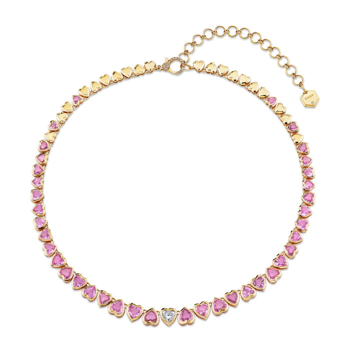 Diamond & Pink Sapphire 4 Heart Drop Tennis Necklace Rose Gold/Diamond