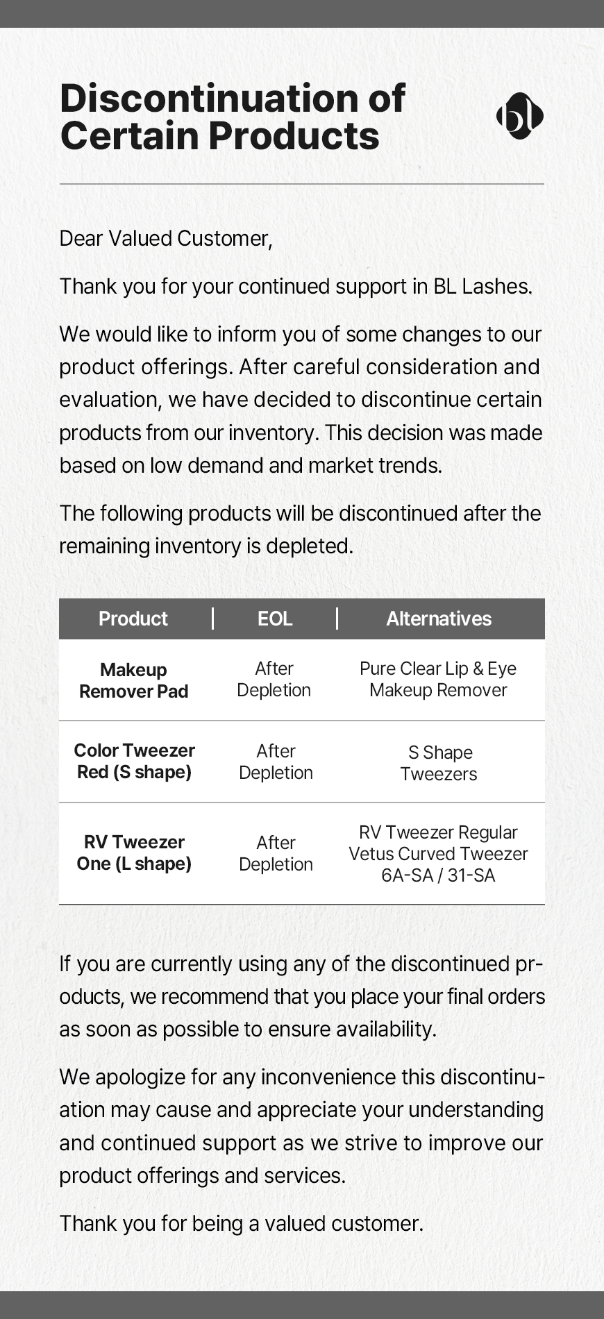 discontinuation of products