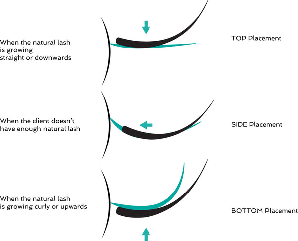 technique d'extension de cils haut, côté, bas