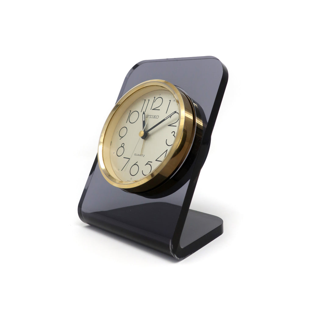 1980s Smoked Lucite and Brass Desk Clock by Seiko | Tenon Design