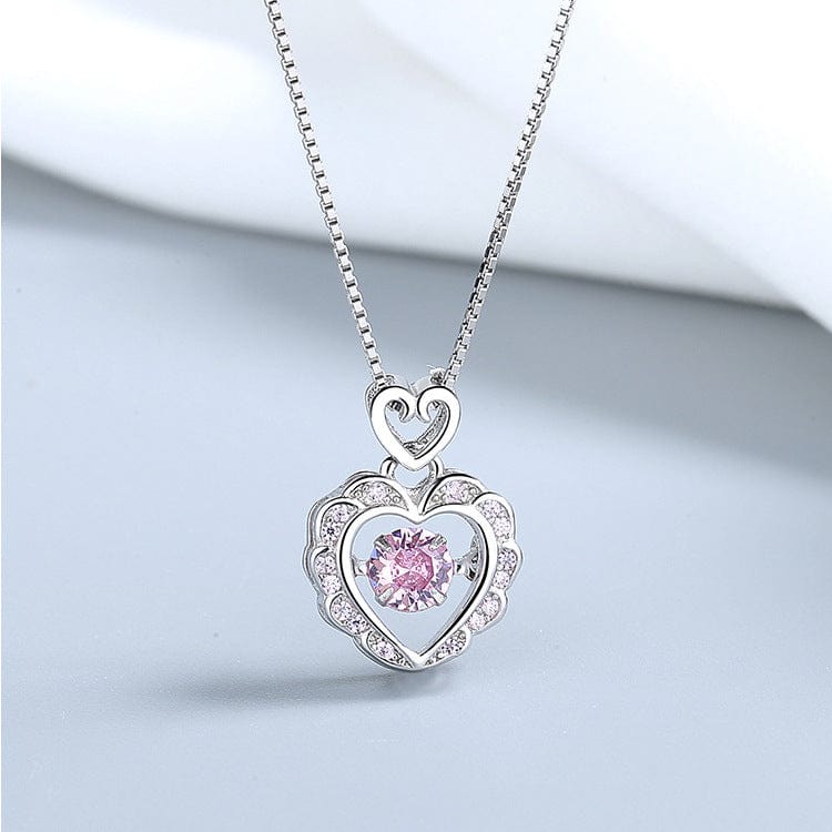 Dainty CZ Inlaid Pink Crystal Rolling Heart Pendant Necklace ...