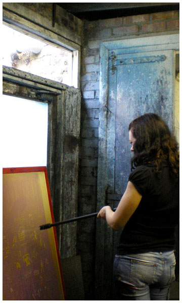 Artist Emily Dupen screenprinting her Wallpapers
