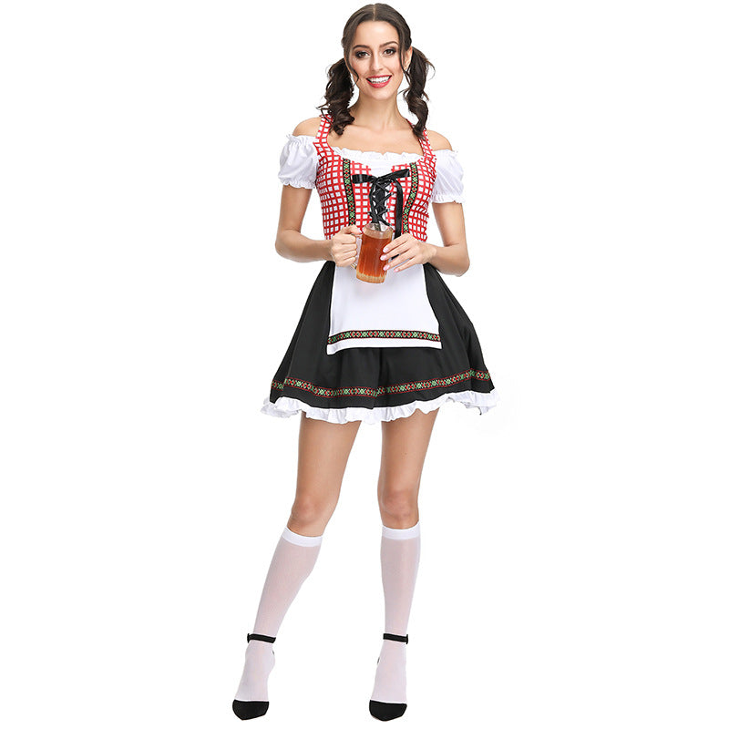 Women Bavarian Beer Festival Oktoberfest Red Plaid Party Costume Waitr ...