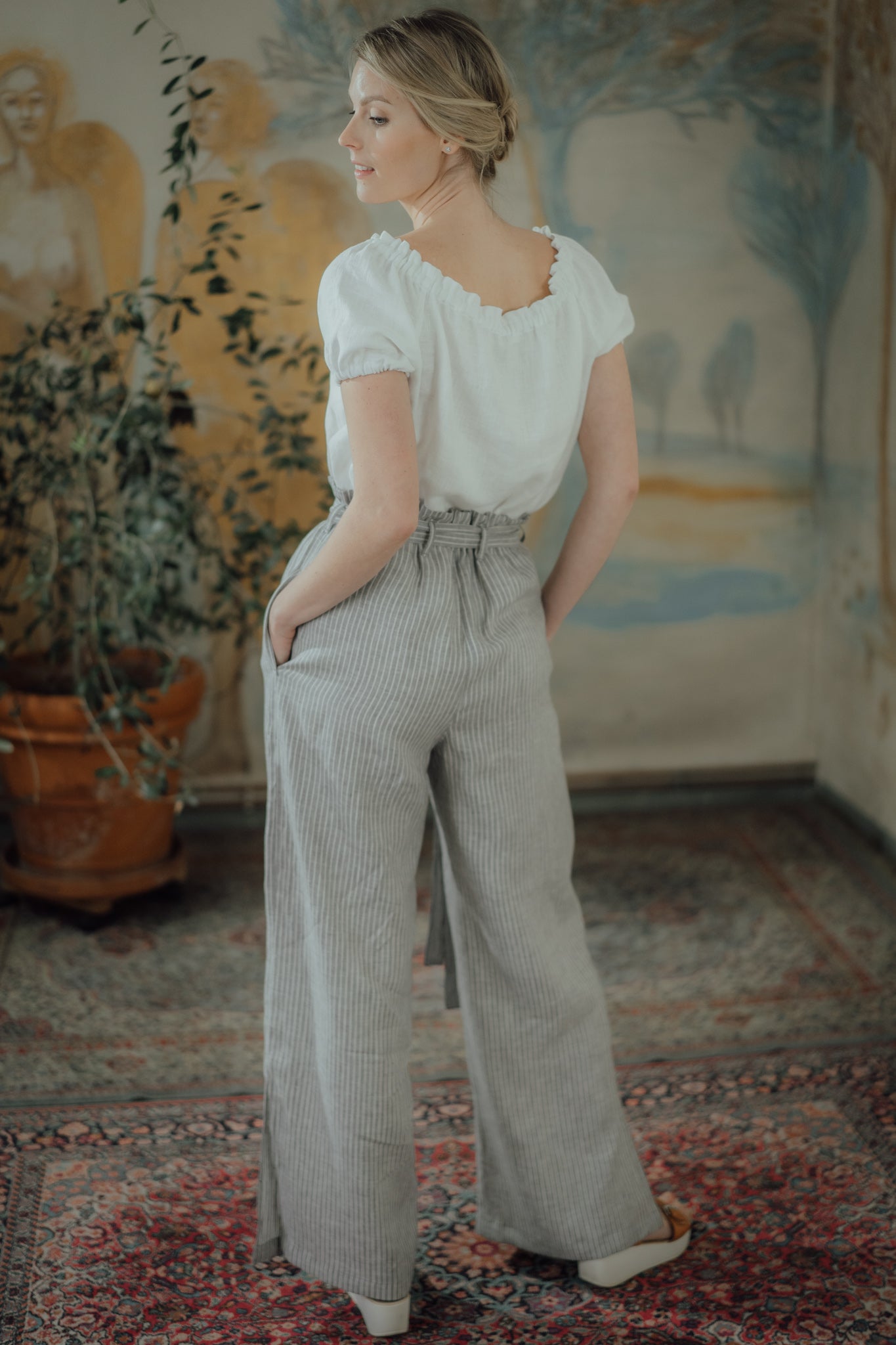 ladies striped linen trousers